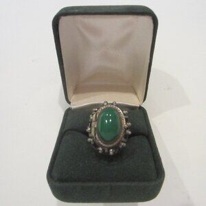 JE Sterling Chrysoprase Cabochon Open Compartment Snuff Cocktail Ring